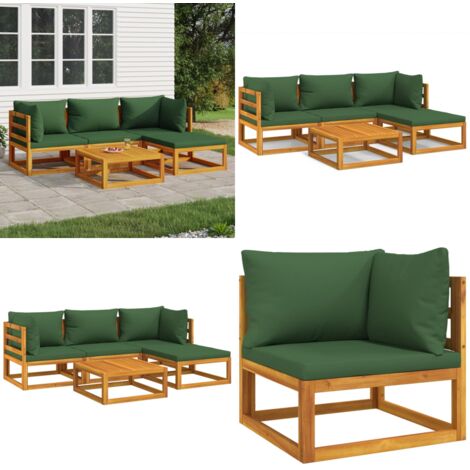 Set Salotto da Giardino 5pz con Cuscini Verdi Legno Massello - Divano da giardino - Tavolo da giardino