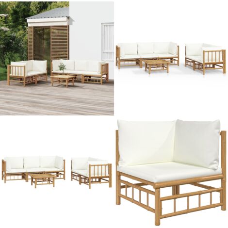 Set Salotto da Giardino 6pz con Cuscini Bianco Crema in Bambù - Divano da giardino - Cuscini da giardino