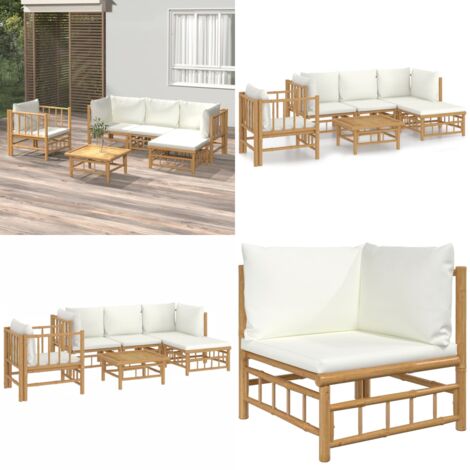 Set Salotto da Giardino 6pz con Cuscini Bianco Crema in Bambù - Divano da giardino - Cuscini da seduta