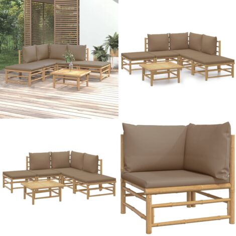Set Salotto da Giardino 6pz con Cuscini Tortora Bambù - Divano da giardino - Cuscini da giardino