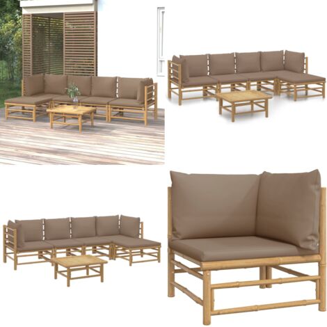 Set Salotto da Giardino 6pz con Cuscini Tortora Bambù - Divano da giardino - Cuscini da seduta