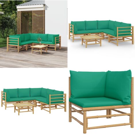 Set Salotto da Giardino 6pz con Cuscini Verdi Bambù - Divano da giardino - Tavolo da giardino