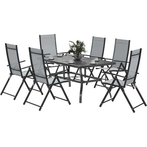 Set Salotto da Giardino 7 Pezzi con Tavolo da Pranzo con Foro per Ombrellone e 6 Sedie Pieghevoli Grigio