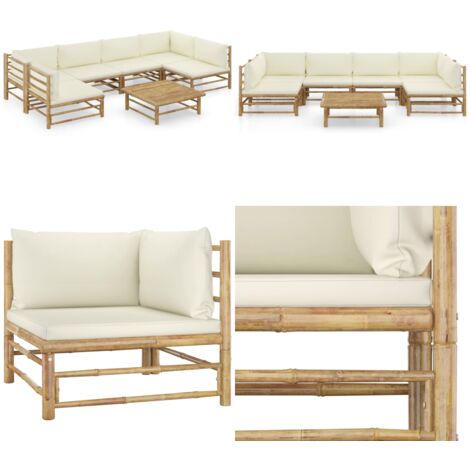 Set Salotto da Giardino 7pz con Cuscini Bianco Crema in Bambù - Divano da giardino - Cuscini da giardino