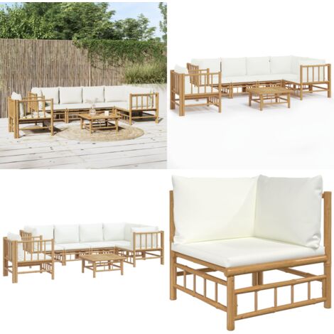 Set Salotto da Giardino 7pz con Cuscini Bianco Crema in Bambù - Divano da giardino - Cuscini da seduta