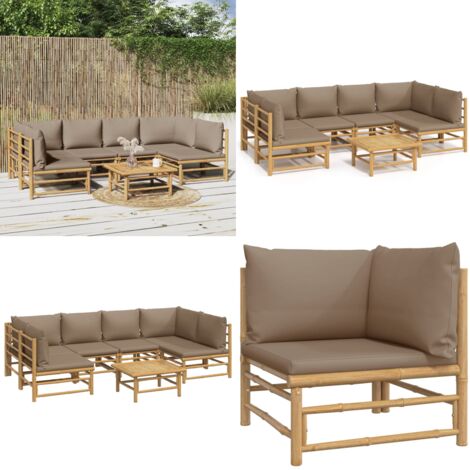 Set Salotto da Giardino 7pz con Cuscini Tortora Bambù - Divano da giardino - Cuscini da seduta