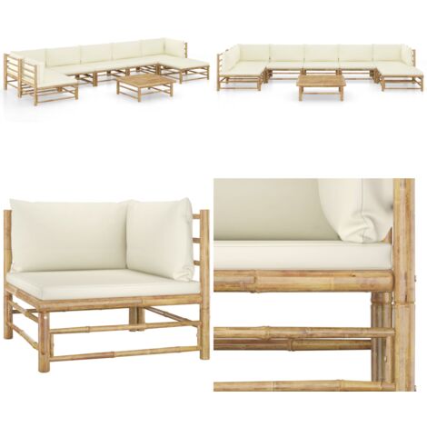 Set Salotto da Giardino 8pz con Cuscini Bianco Crema in Bambù - Divano da giardino - Cuscini da giardino