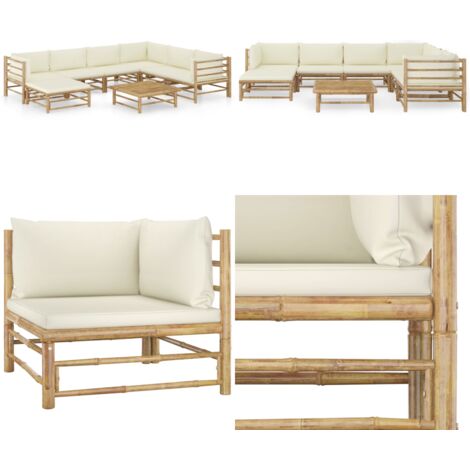 Set Salotto da Giardino 8pz con Cuscini Bianco Crema in Bambù - Divano da giardino - Cuscini da giardino