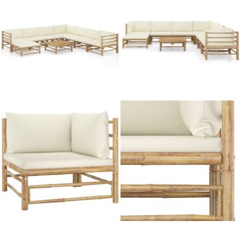 Set Salotto da Giardino 9pz con Cuscini Bianco Crema in Bambù - Divano da giardino - Cuscini da giardino