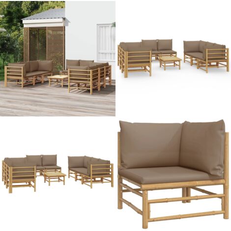 Set Salotto da Giardino 9pz con Cuscini Tortora Bambù - Divano da giardino - Tavolo da giardino
