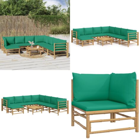 Set Salotto da Giardino 9pz con Cuscini Verdi Bambù - Divano da giardino - Cuscini in bambù