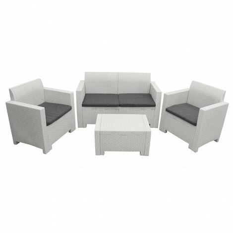 Set Salotto da Giardino Divano 2 Poltrone e Tavolino con Cuscini in Plastica Bianco