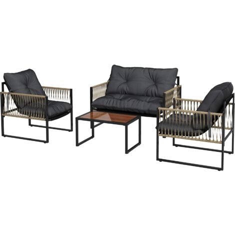 Set Salotto da Giardino Divano 2 Poltrone e Tavolino in Acciaio Poliestere e Rattan Grigio e Marrone