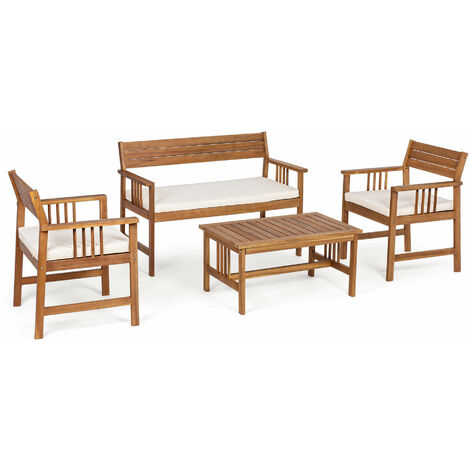 Set Salotto da Giardino Divano 2 Poltrone e Tavolino in Legno di Acacia Ecrù