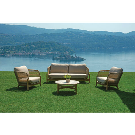 Set Salotto da Giardino Divano 2 Poltrone e Tavolino Lamezia in Legno di Acacia Cuscini Sabbia