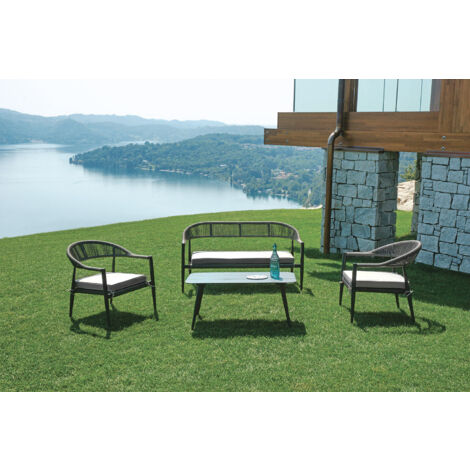 Set Salotto da Giardino Divano 2 Poltrone e Tavolino Milano In Alluminio Antracite con Cuscini Grigio Chiaro