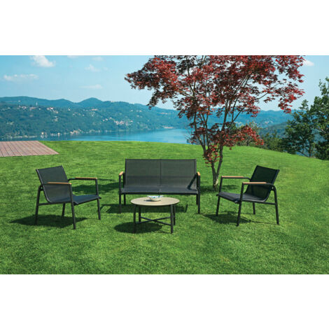Set Salotto da Giardino Divano 2 Poltrone e Tavolino Tarquinia in Ferro e Textilene Antracite