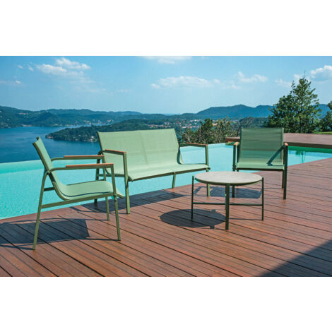 Set Salotto da Giardino Divano 2 Poltrone e Tavolino Tarquinia in Ferro e Textilene Verde