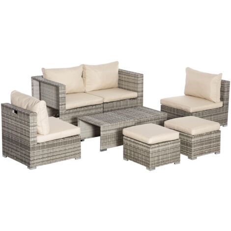 Set Salotto da Giardino Divano 2 Poltrone Tavolino e 2 Poggiapiedi in Rattan Beige e Grigio