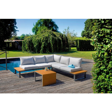 Set Salotto da Giardino Divano Angolare e Tavolino Saint Tropez in Alluminio e Resin Wood con Cuscini