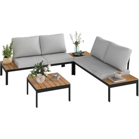 Set Salotto da Giardino Modulabile 2 Divanetti e 2 Tavolini in Metallo e Legno Composito Grigio Nero e Teak
