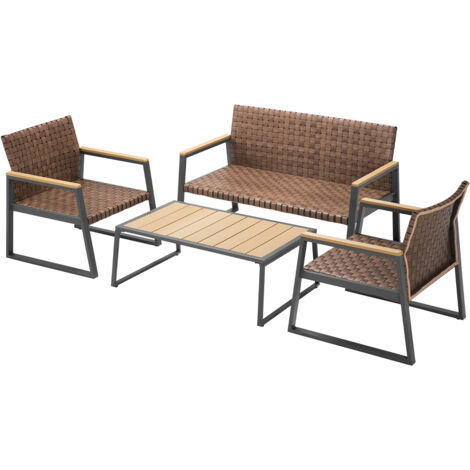 Set Salotto da Giardino Tavolino 2 Poltrone e Divano in Polyrattan Marrone