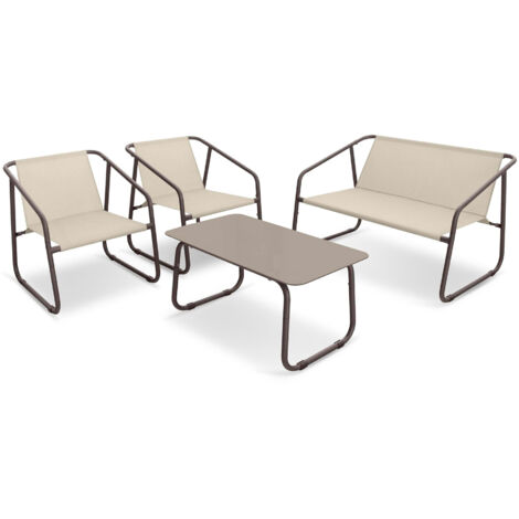Set Salotto da Giardino Tavolo 2 Poltrone e Divano in Acciaio e Textilene Nizza Marrone e Beige