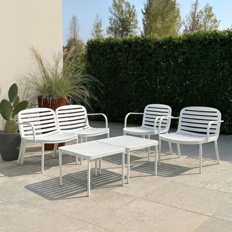 SET SALOTTO EROS IN RESINA BIANCO CON DIVANO 2 POSTI, 2 POLTRONE E 2 TAVOLI BASSI