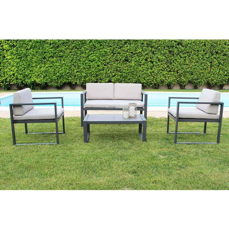 Salon de jardin anthracite canapé fauteuils et table basse aluminium et verre mod. Formentera