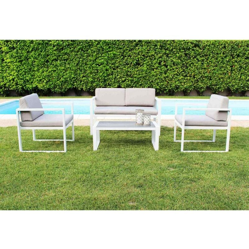 Cosma - Salon de jardin blanc canapé fauteuils et table basse aluminium et verre mod. Formentera