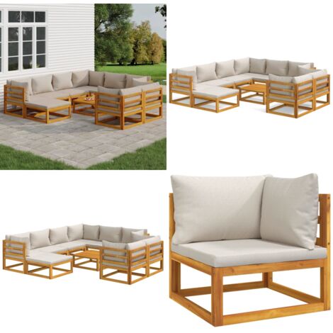 Set Salotto Giardino 10pz Cuscini Grigio Chiaro Legno Massello - Cuscini da giardino - Tavolo da giardino