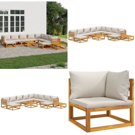 Set Salotto Giardino 12pz Cuscini Grigio Chiaro Legno Massello - Cuscini da giardino - Tavolo da giardino