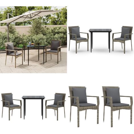 Set Salotto Giardino 3 pz con Cuscini Nero e Grigio Polyrattan - Sedie da giardino - Tavolo da giardino