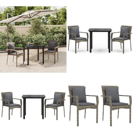 Set Salotto Giardino 3 pz con Cuscini Nero e Grigio Polyrattan - Sedie da giardino - Tavolo da giardino