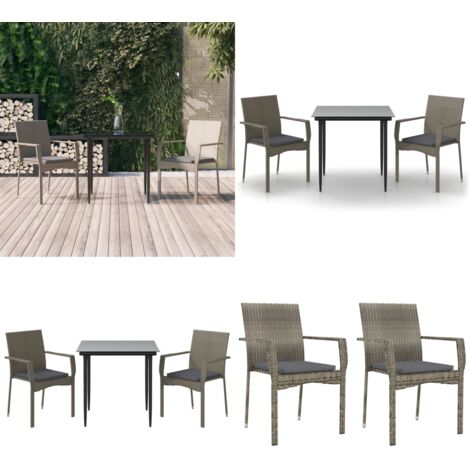 Set Salotto Giardino 3 pz con Cuscini Nero e Grigio Polyrattan - Sedie da giardino - Tavolo da giardino