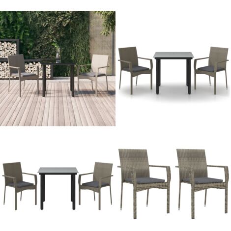Set Salotto Giardino 3 pz con Cuscini Nero e Grigio Polyrattan - Sedie da giardino - Tavolo da giardino