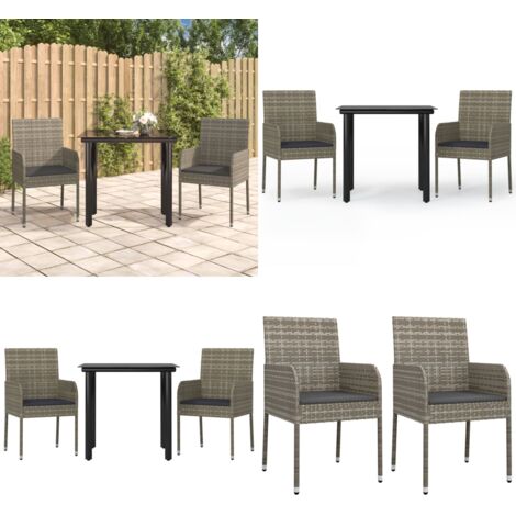 Set Salotto Giardino 3 pz con Cuscini Nero e Grigio Polyrattan - Sedie da giardino - Tavolo da giardino