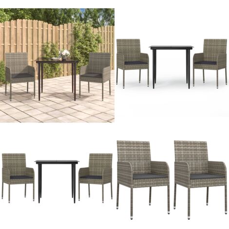 Set Salotto Giardino 3 pz con Cuscini Nero e Grigio Polyrattan - Sedie da giardino - Tavolo da giardino