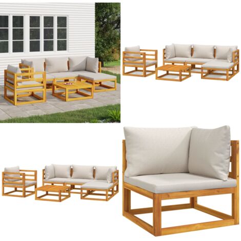 Set Salotto Giardino 6pz Cuscini Grigio Chiaro Legno Massello - Cuscini da giardino - Tavolo da giardino