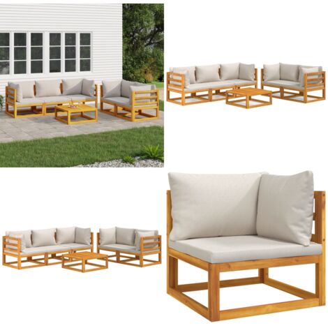 Set Salotto Giardino 6pz Cuscini Grigio Chiaro Legno Massello - Cuscini da giardino - Tavolo da giardino