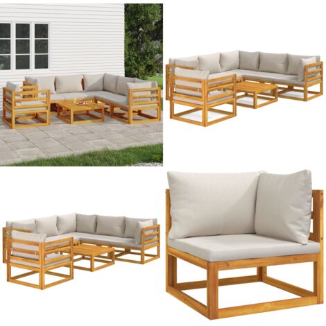 Set Salotto Giardino 7pz Cuscini Grigio Chiaro Legno Massello - Cuscini da giardino - Tavolo da giardino