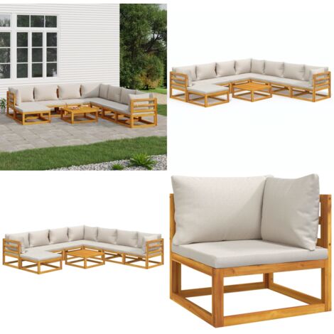 Set Salotto Giardino 9pz Cuscini Grigio Chiaro Legno Massello - Cuscini da giardino - Tavolo da giardino