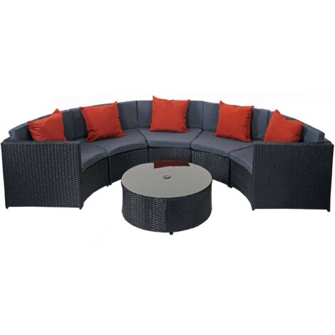 Set salotto giardino esterno salottino HHG-120 polyrattan nero con cuscini grigio scuro e arancione