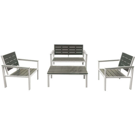 SET SALOTTO METALWOOD TWILIGHT CON DIVANO, TAVOLO E 2 POLTRONE IN ACCIAIO E HDPE