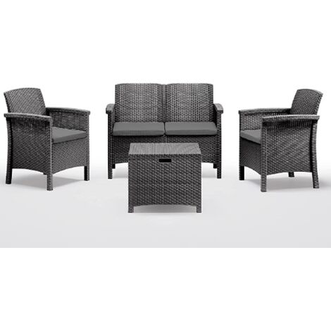 Set salotto Venezia antracite da giardino in polipropilene effetto rattan con tavolo due poltrone e un divano con cuscini da esterno
