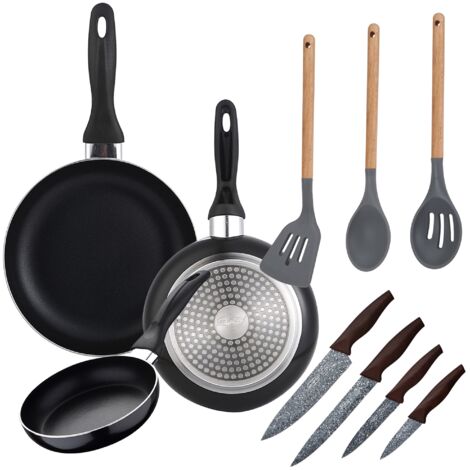 Set sartenes Navy Black 16/20/24 cms. al. Prensado, inducción, con Set 4 cuchillos de cocina, acero inoxidable, con Set 3 utensilios de cocina, Nylon