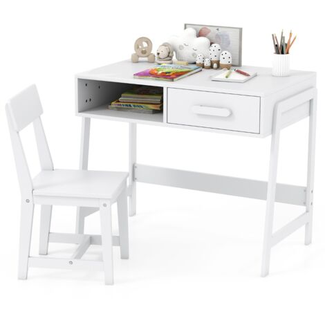 Set scrivania e sedia con cassetto e scomparto, Set di tavoli da studio in legno per bambini Bianco