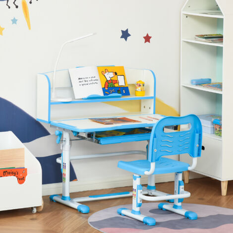 Set Scrivania e Sedia per Bambini 6-12 Anni Regolabili in Altezza, Banco Scuola con Piano Inclinabile 45°, Lampada, Cassetto, Scaffale, Portapenne e Leggio, in Acciaio e MDF, Azzurro