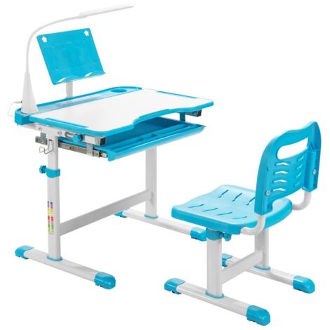 Set scrivania e sedia per bambini con altezza regolabile, Scrivania e sedia con leggio per libri e luce LED Blu