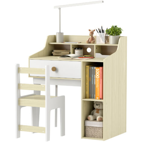 Set scrivania e sedia per bambini con ripiani e cassetto portaoggetti, bianco